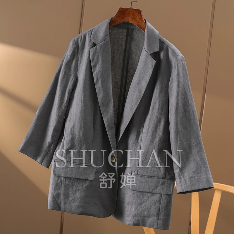 Commuter Comfort, High-texture Linen, One-button Seven-quarter-sleeved Blazer Women 7W52 Thin Summer  Blazer Women