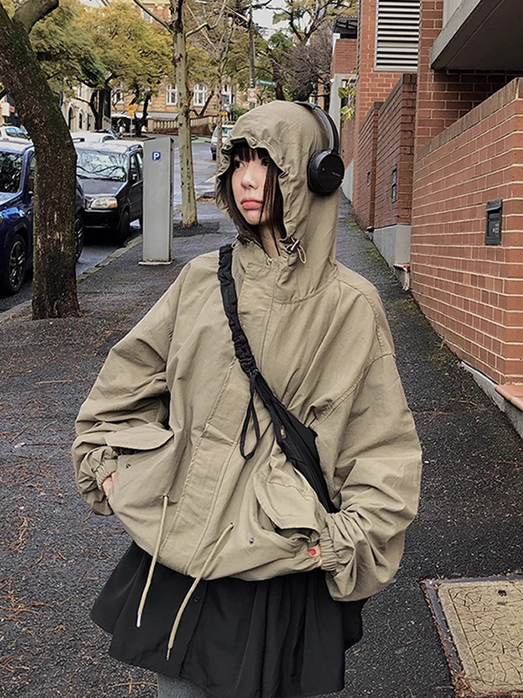 

Retro Dstring Hooded Long Sve Double ket Women's Windbreaker Coat Chic Autumn New Sle Loose Fit Commute Korean Ver...
