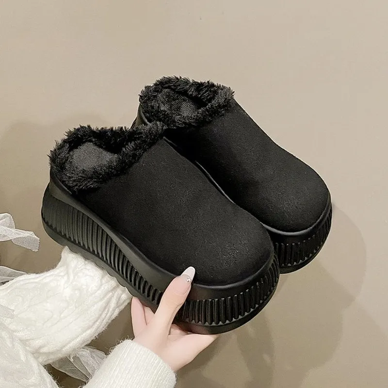 Women Platform Fur Slippers Suede Mules Shoes NEW Winter Trend Casual Snow Boots Short Plush Warm Cotton Shoes 10CM High Heels