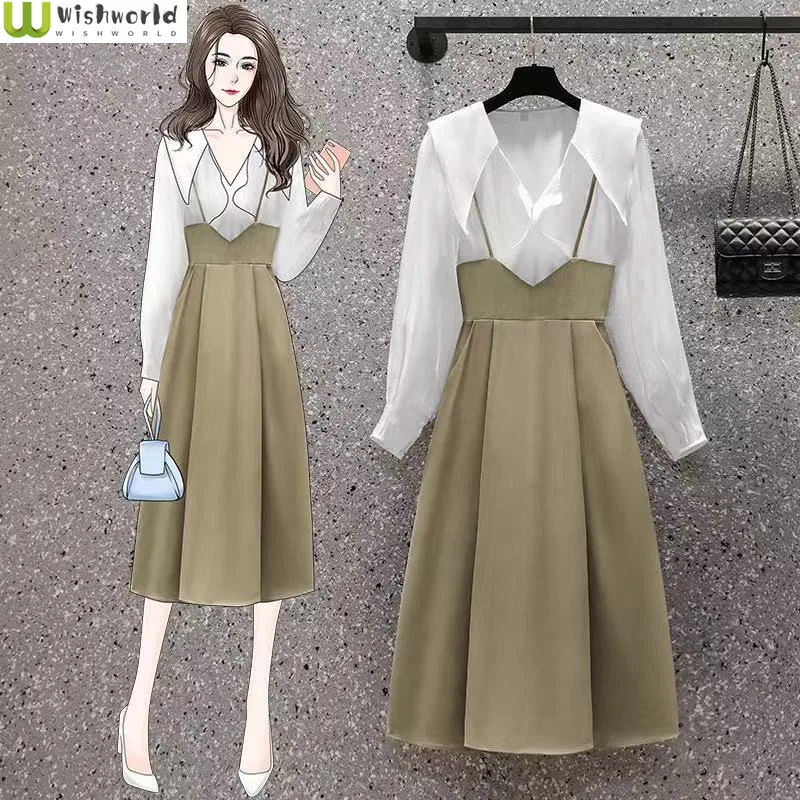 

Spring and Autumn Women's Suit 2022 New French Retro Fashion Age Reducing Baby Shirt Strap Skirt Two Piece Skirt Suit