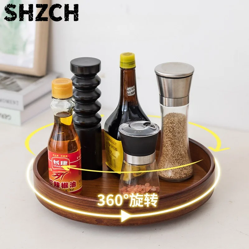360 Rotating Wood Tray Seasoning Storage Rack Pantry Cabinet Turntable Lazy Susan Kitchen Spice Organizer  Accessories