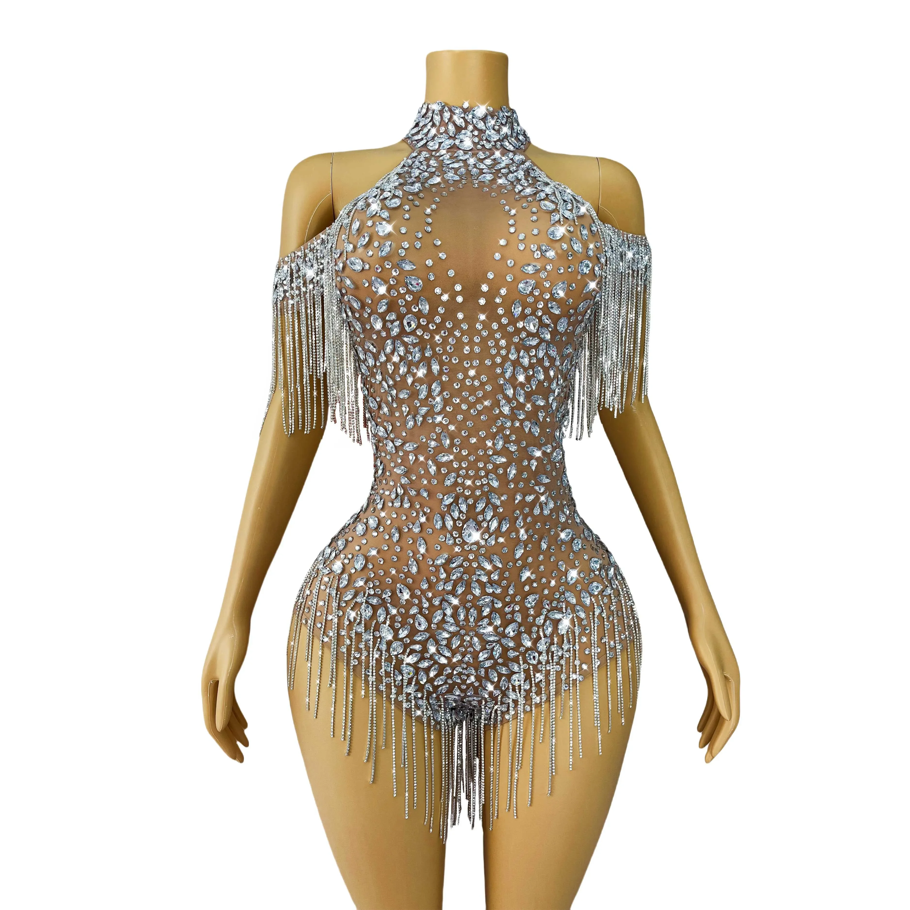 Costume de spectacle pour filles, tenue de fête de luxe, strass brillants, chaîne de cristaux, épaules dénudées, fourchettes hautes, pour femmes, fête, chanteur, danse