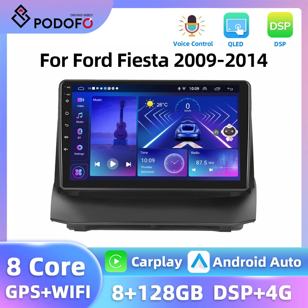 Podofo 4G WIFI Car Radio For Ford Fiesta 2009-2014 2 Din Multimedia Player Carplay Android Auto GPS Navigation 8Core Car Stereo