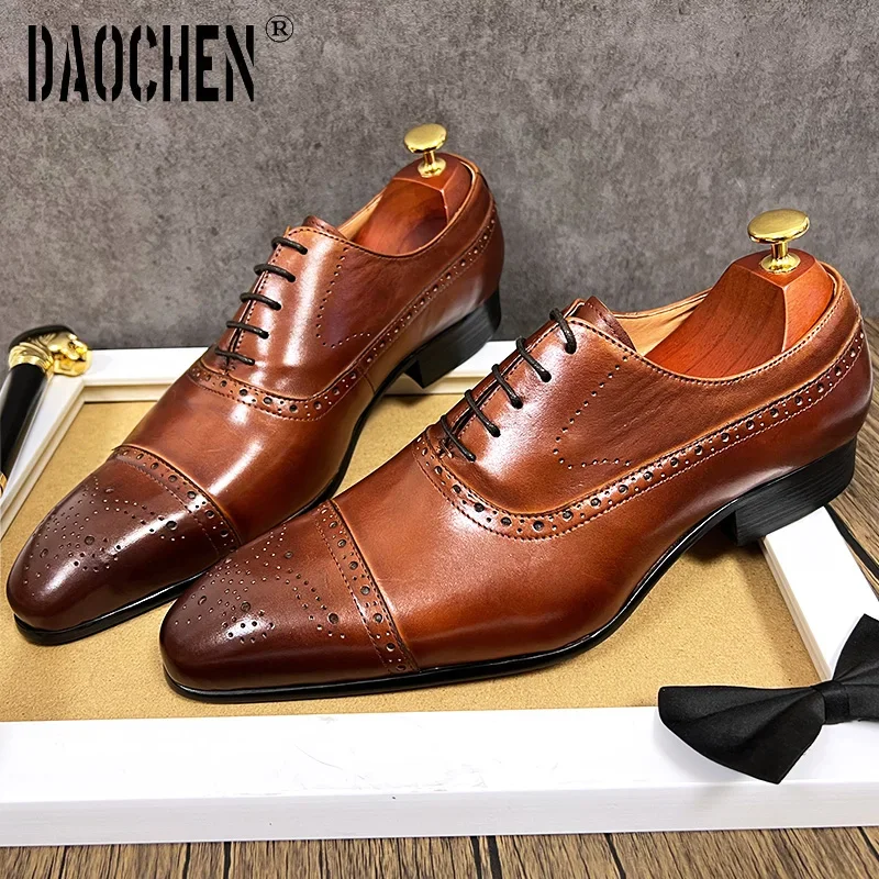 Luxury Brand Men\'s Oxford Shoes Brown Lace Up Pointed Brogues Mens Dress Formal Shoes Wedding Office Leather Men Shoes