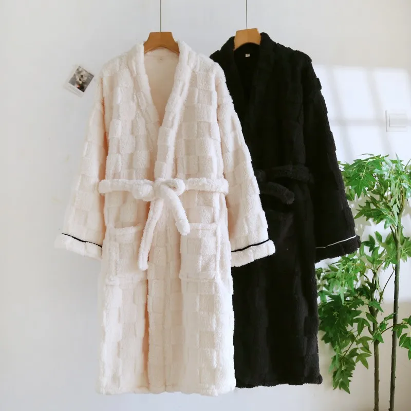 

New Autumn and Winter Women Men Nightgown Fleece Casual Bathrobe Women's Warm Nightdress V-neck Collar Long Sleeve Home Dress