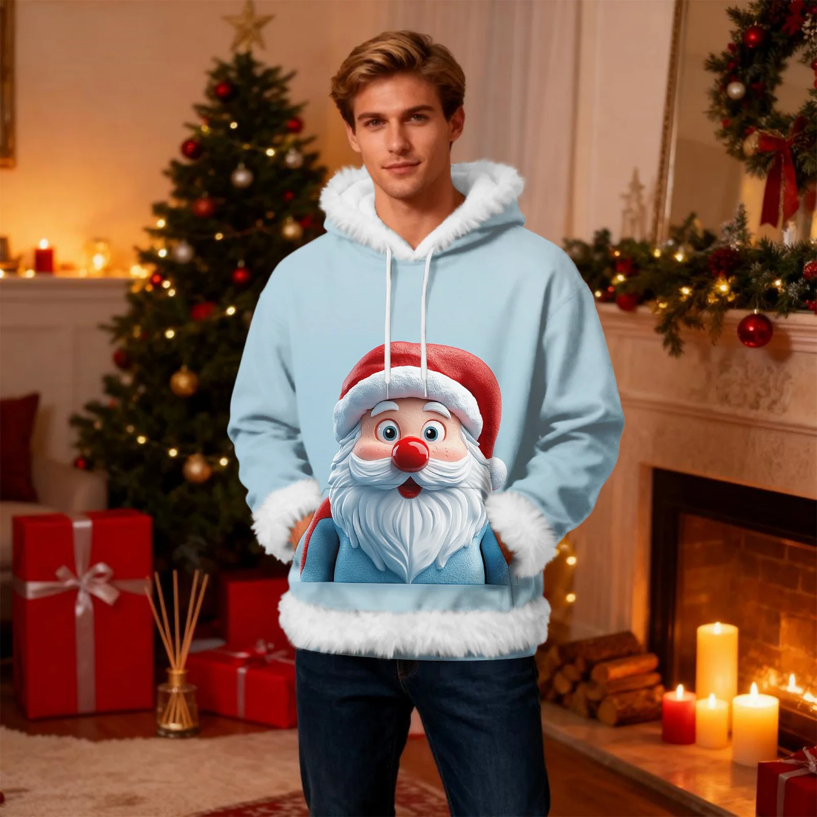 

Christmas Printed Fleece Hooded Sweatshirt Cartoon Santa Claus Pattern Hoodie Men'S Winter Warm Hoodie Navidad