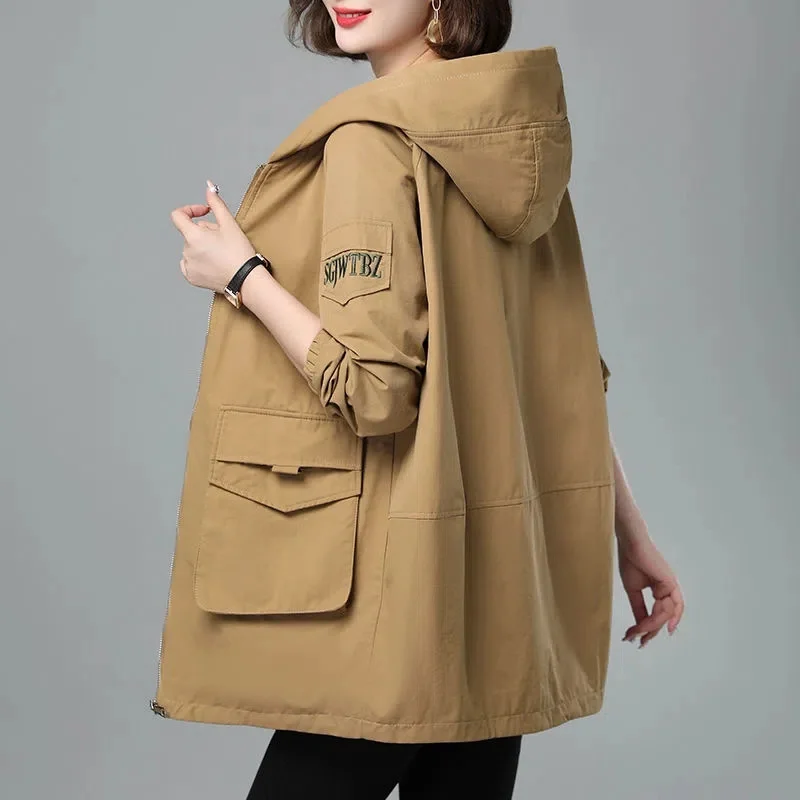 

Mom Leisure Hooded Windbreaker Female 2023 Spring and Autumn New FashioKorean Version Of Loose Middle-Aged Aging Long Jacket