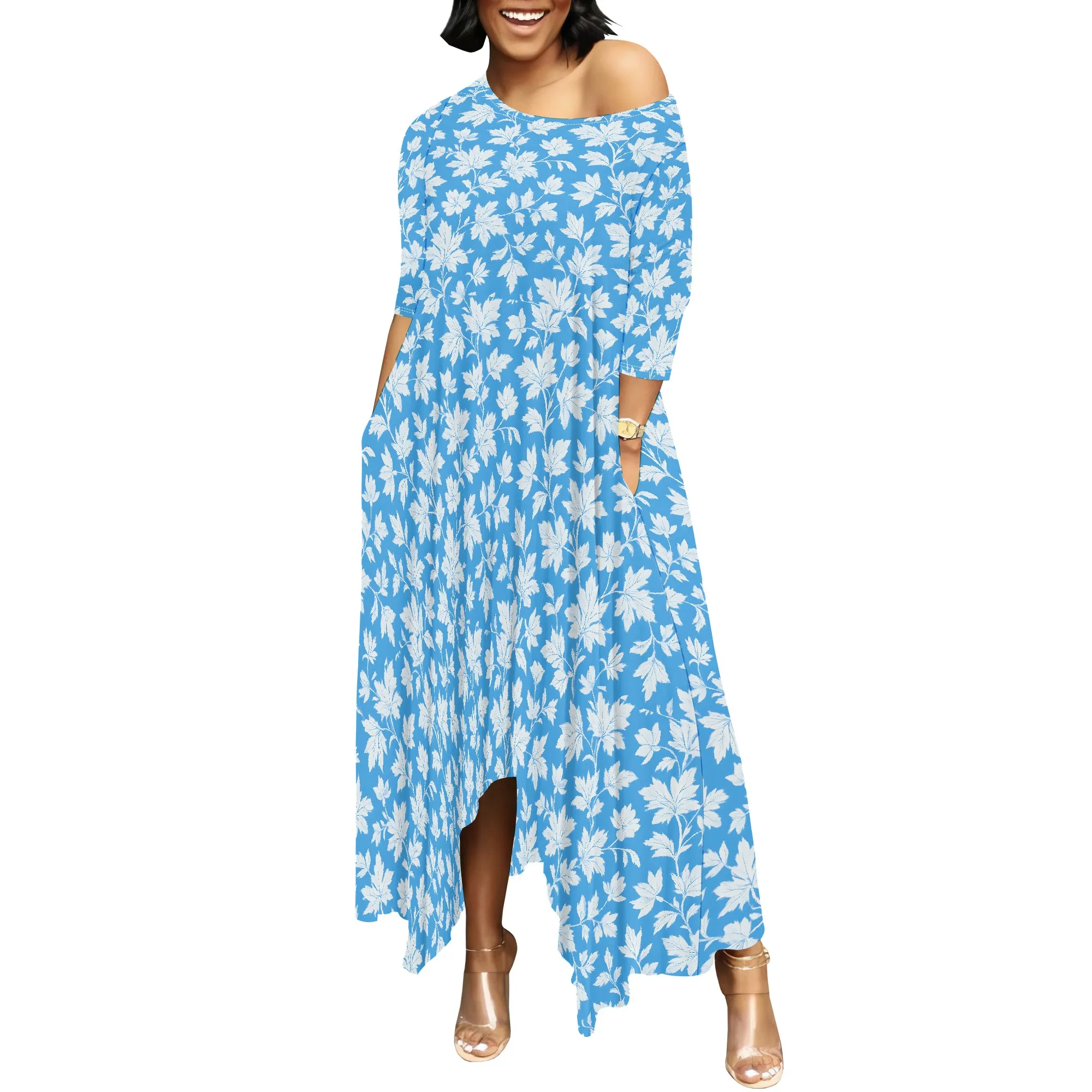 

Women's Boho Floral Maxi Dress Summer Casual Crew Neck Short Sleeve Dress Flowy Bohemian Tshirt Dress with Pockets