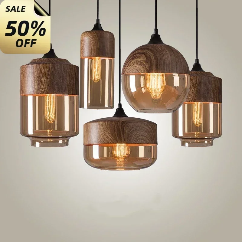

2025 Nordic Wood Color LED Pendant Lights Fixtures for Dinning Room Bedroom Cafe Bar Restaurant Modern Glass Hanging Lamp Lampar
