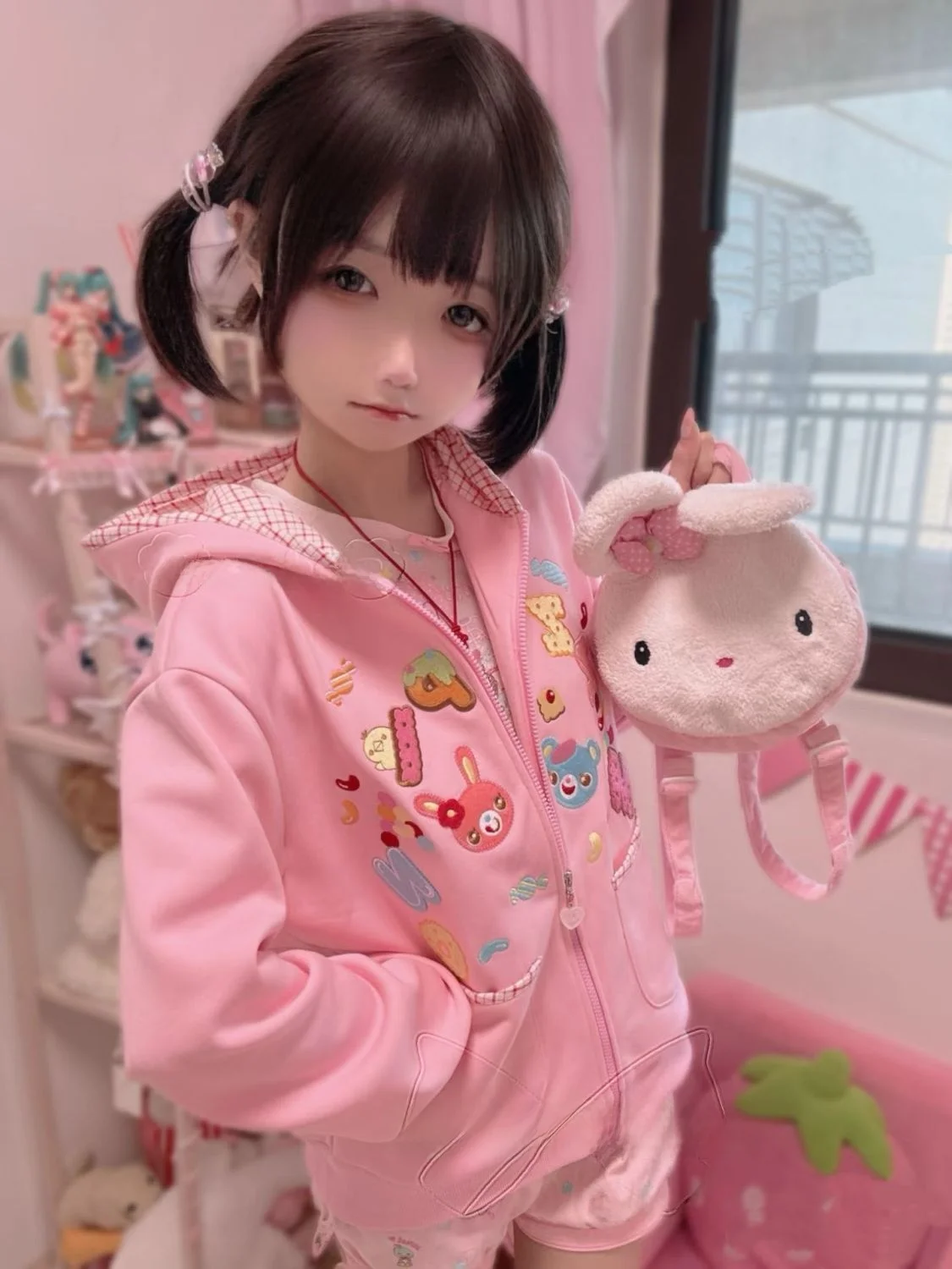 

Cute Sweet Japanese Style Plaid Hoodie Long Sleeve Children's Fun Amusement Park Pink Outfit Women's Fashion Commute Style