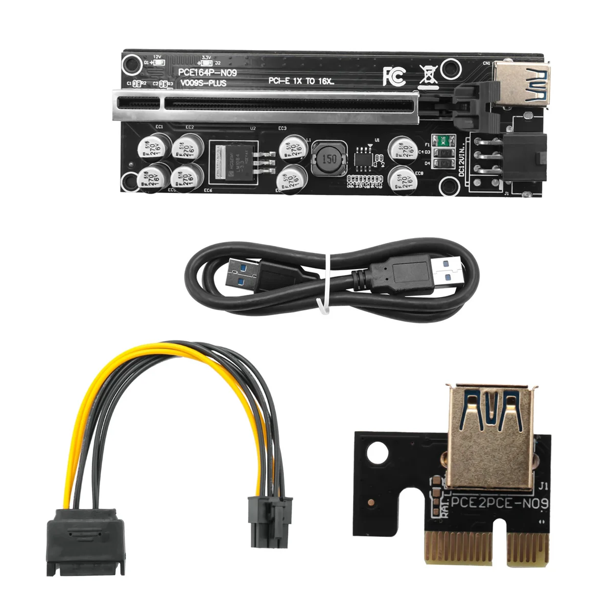 VER009S Plus PCI Express 1X to 16X Reinforce PCI-E Riser Card SATA 6Pin Power 0.6M USB 3.0 Cable for BTC LTC Mining