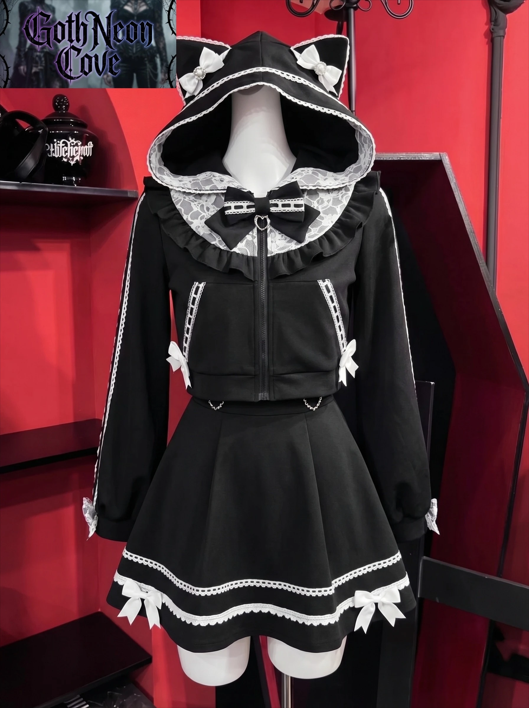 

Japanese Gothic Y2k Lolita Style Skirt Sets Women Kawaii Bow Hooded Short Coat Lace Patchwork Mini Skirts Harajuku Fashion Suit