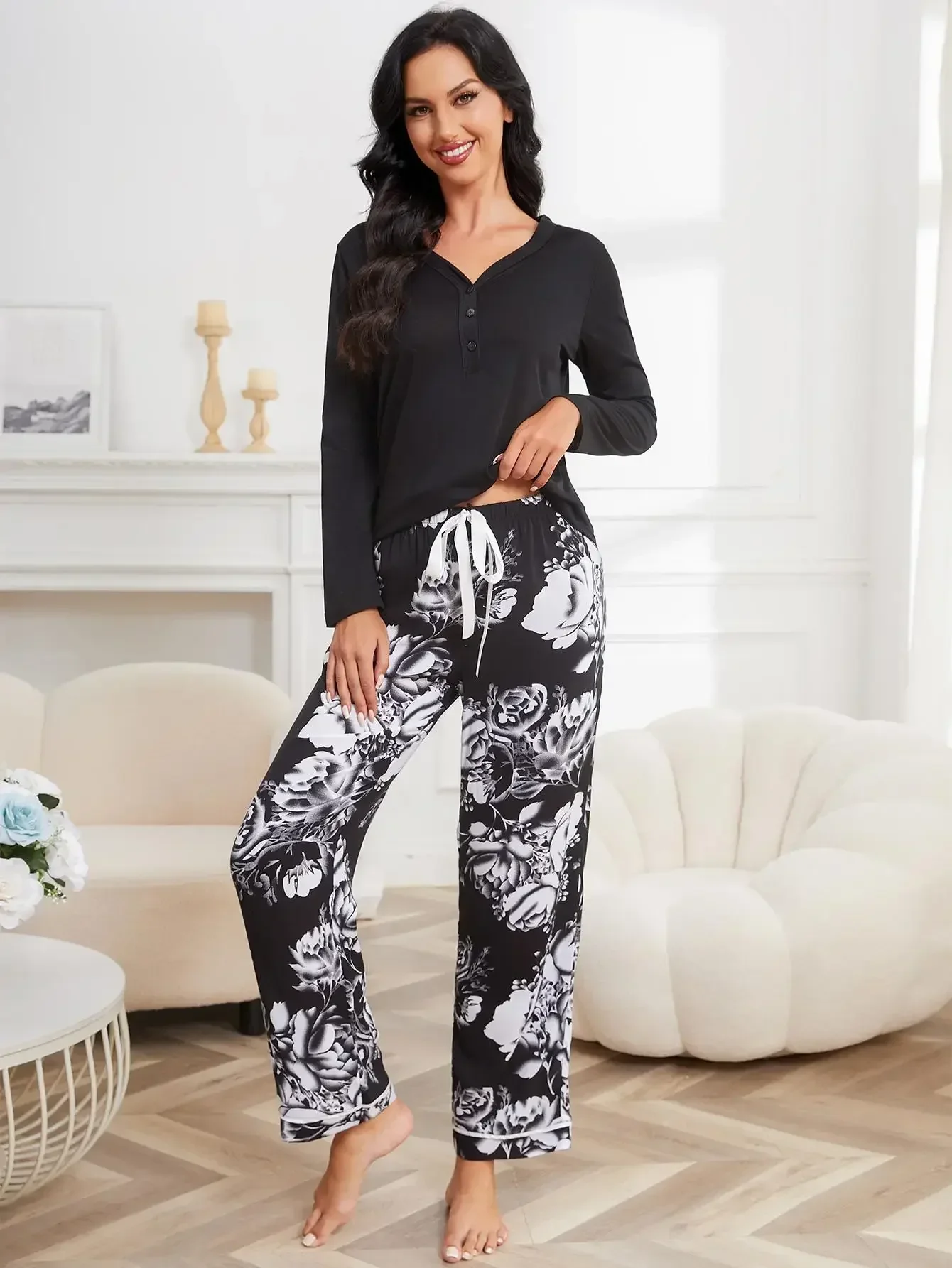 Front Button Women Pajama Set V Neck Long Sleeve Top & Floral Print Pants Sleepwear 2 Pieces Fall Female Nightwear Homwear Cloth