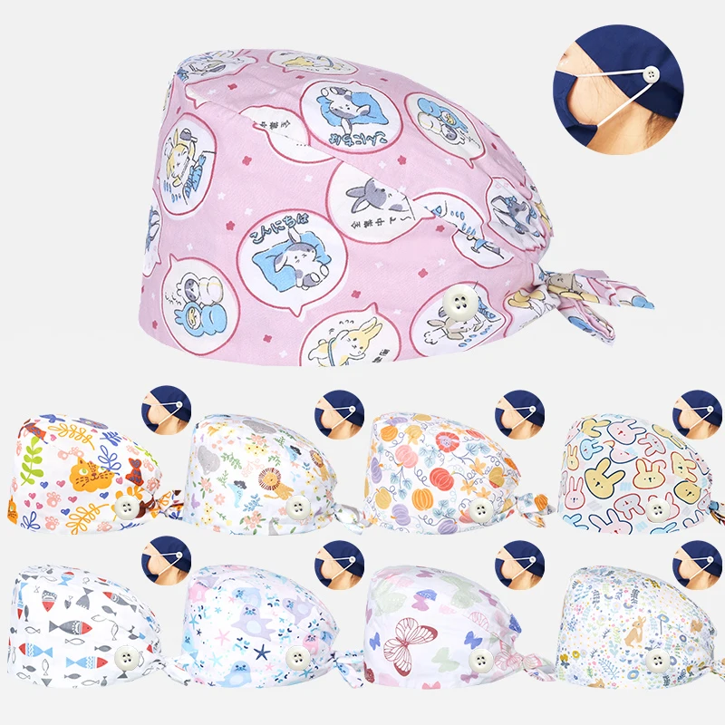 Gorros de algodón con estampado de conejito Unisex, gorros quirúrgicos de enfermera, absorbentes del sudor, estampado de médico y laboratorio de