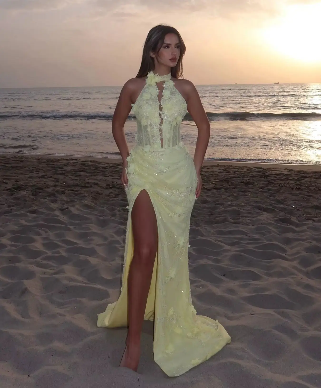 

Customized Yellow Halter Evening Dress Prom Gown 3D Floral Lace Corset Formal Party Mermaid Dress With High Slit