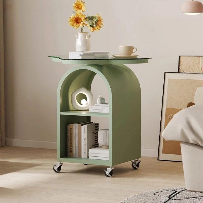 ‌Cream Mobile End Table with Wheels, Scratch-Resistant Glass Top & Storage Drawer for Bedroom/Living Room Narrow Space