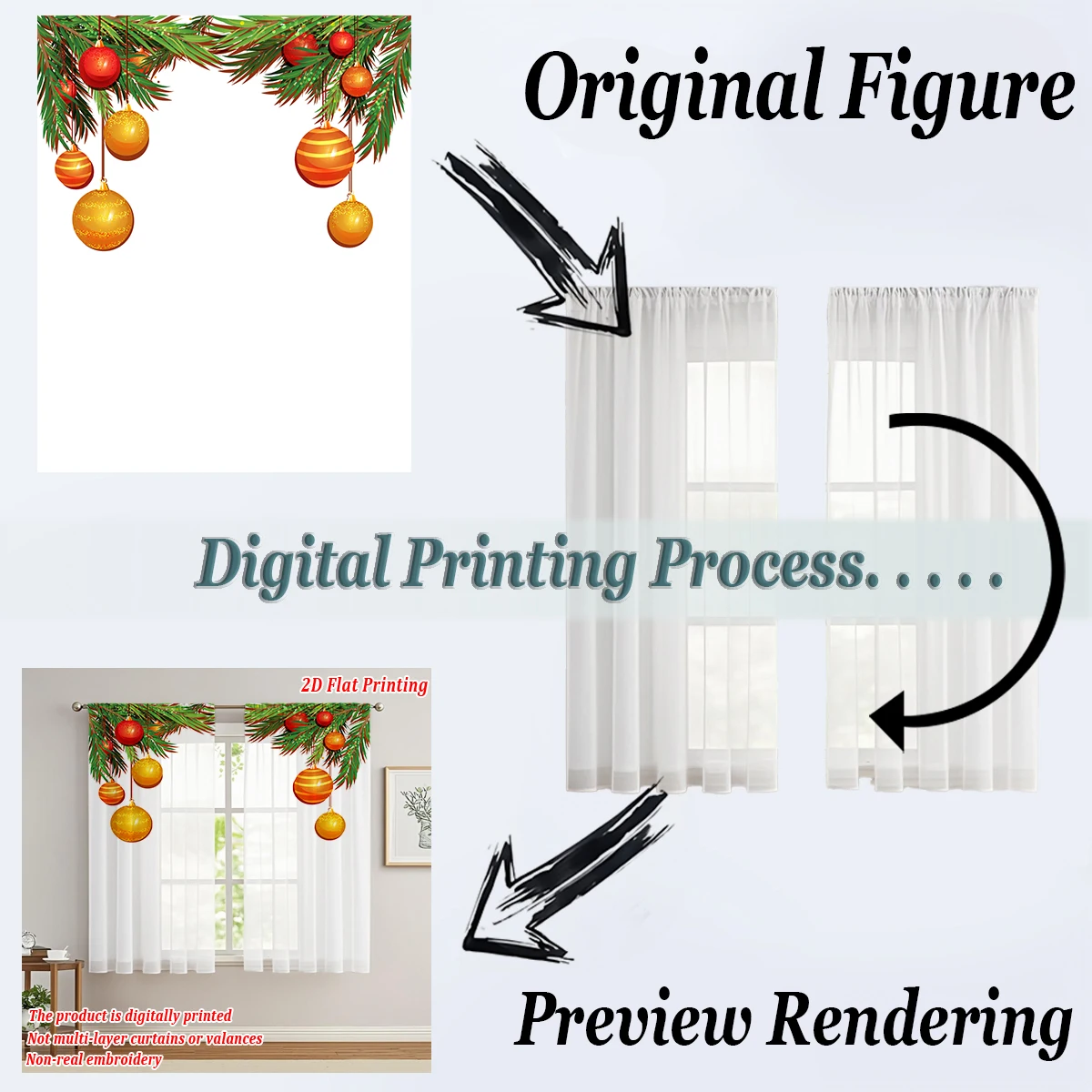 Christmas Flat Printing Kitchen Sheer Curtain with Merry Christmas Ball Pine Branch For Christmas Home Decor  Party
