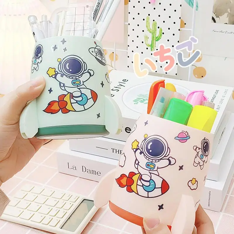 Cute Pen Holder Rocket Ship Pencil Cup With Astronaut Sticker Kawaii Pencil Holder Makeup Brush Storage Box Stationery Organizer