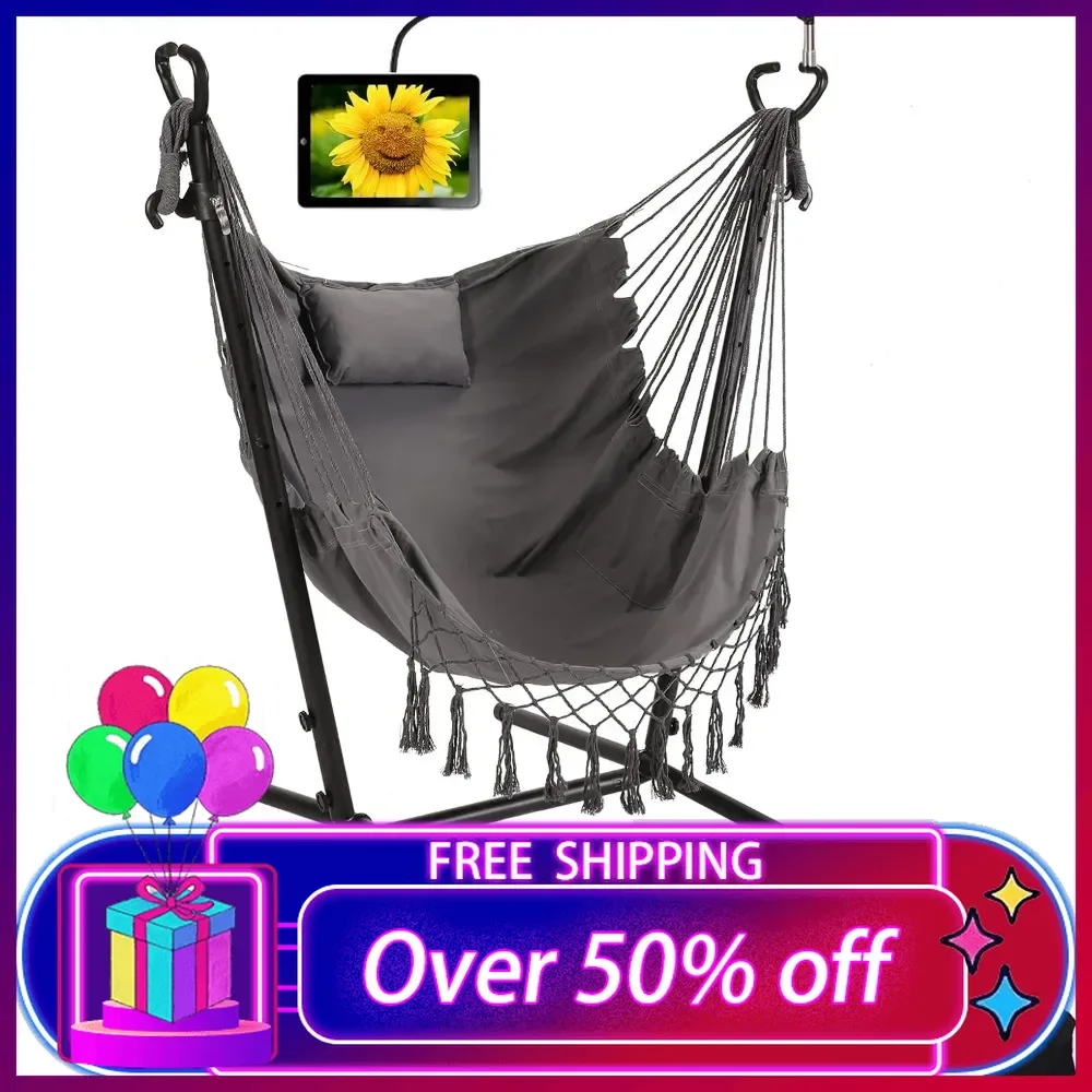 

Hammock with Stand Phone Holder Included Double Hanging Chair Handmade Adjustable Swing Indoor Outdoor Patio Yard Garden Porch