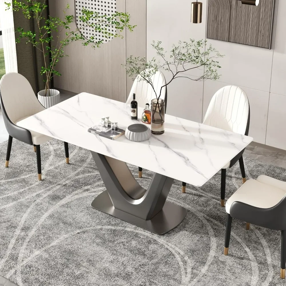 

Rectangle Marble Dining Table for 6,71" White Sintered Stone Table Top with V-Shape Pedestal,Faux Marble Kitchen Dinner Table