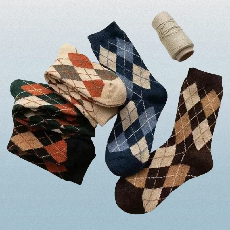 Chaussettes mi-tube épaisses en forme de diamant, chaussettes polyvalentes, style rétro, automne et hiver, nouveau, 5/10 paires