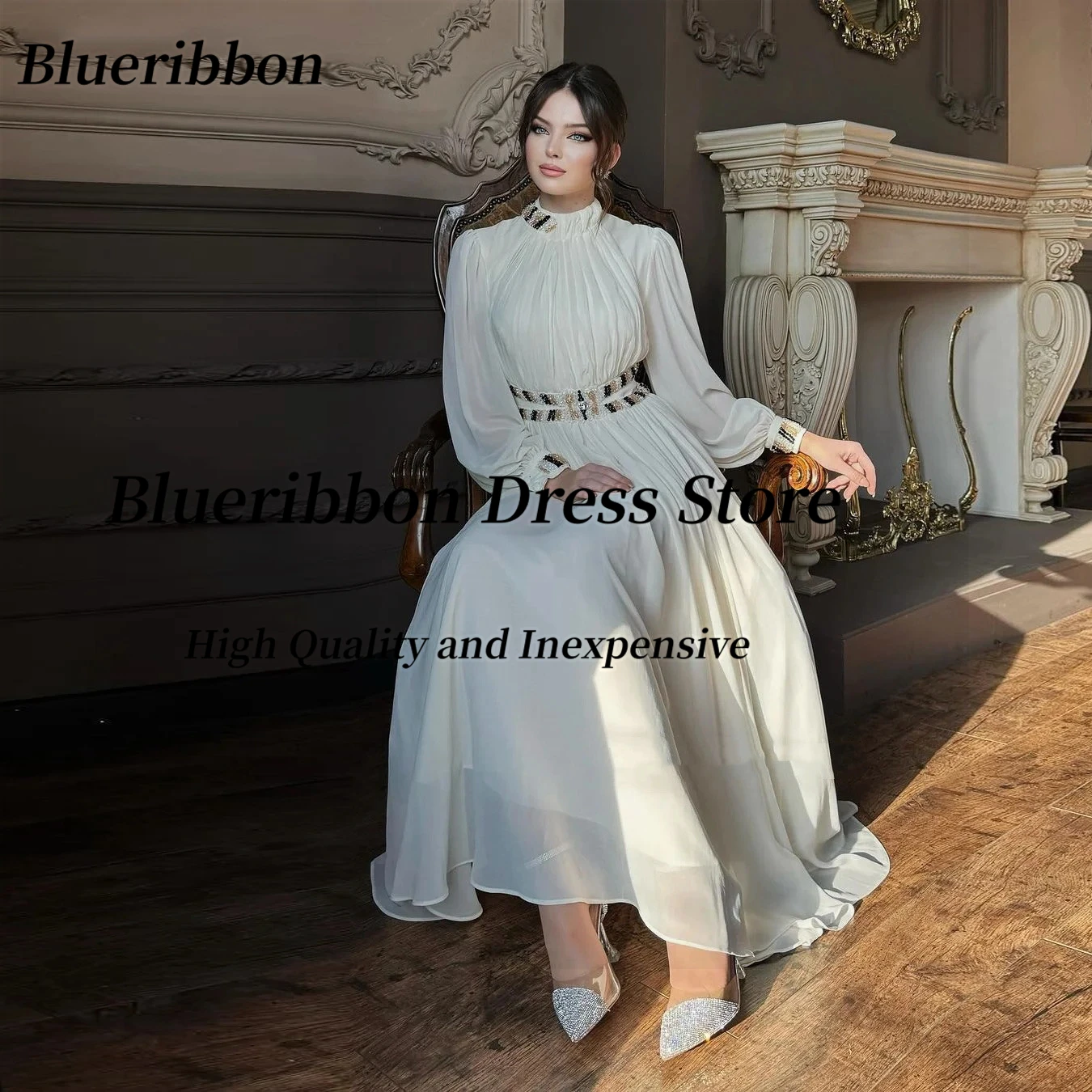 Blueribbon Chiffon Tea Length Prom Dresses High Collar Beaded Sash Vestido Elegante Fiesta 2024 Long Sleeves Evening Party Gown