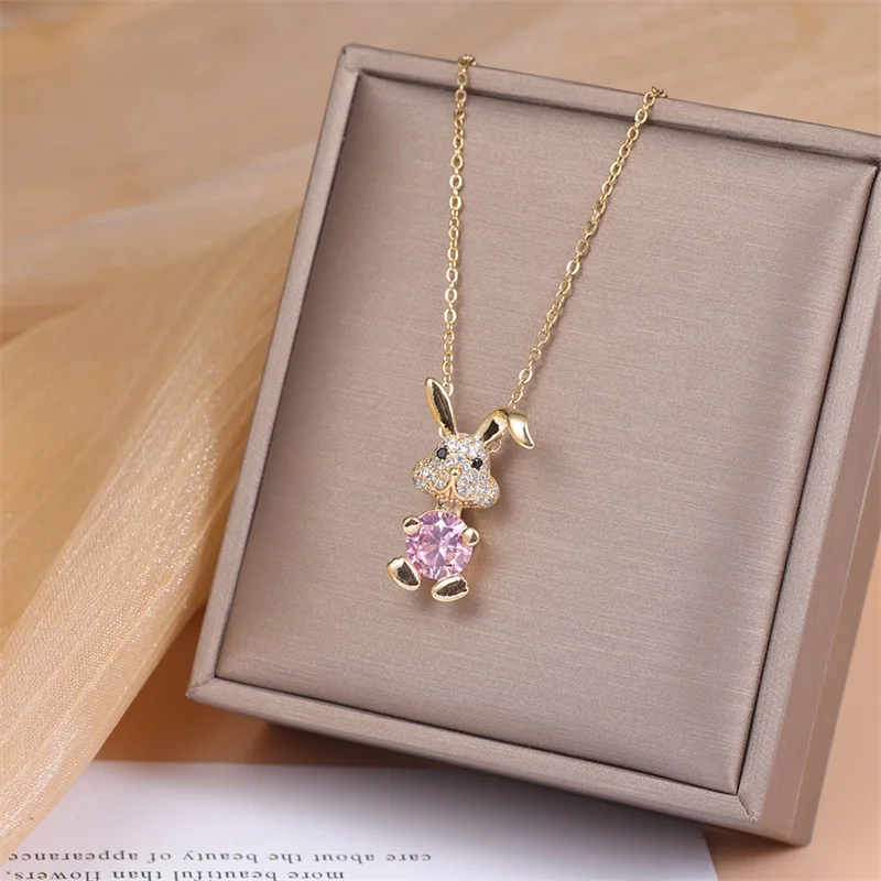 Women's Fashion Light Luxury Cute Rabbit Necklace Personality Animal Zircon Pendant Jewelry Girl Anniversary Birthday Gift