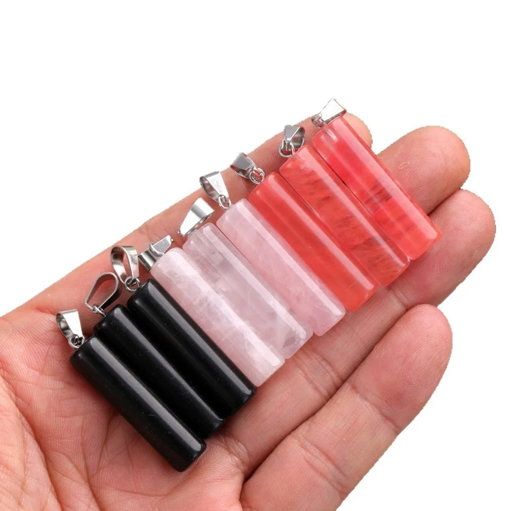 10pcs Natural Stone Pendant Cylindrical Rose Quartz Black Stone Necklace Handiwork Sewing Craft Accessory for Jewelry Making