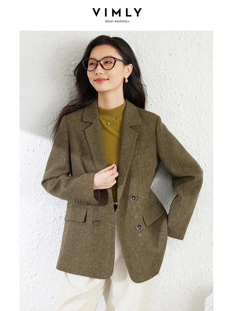 VIMLY Women\'s Simple Wool Blend Blazer Autumn Winter Lapel Collar Woolen Coat Suit Jacket Office Lady New Casual Outerwear