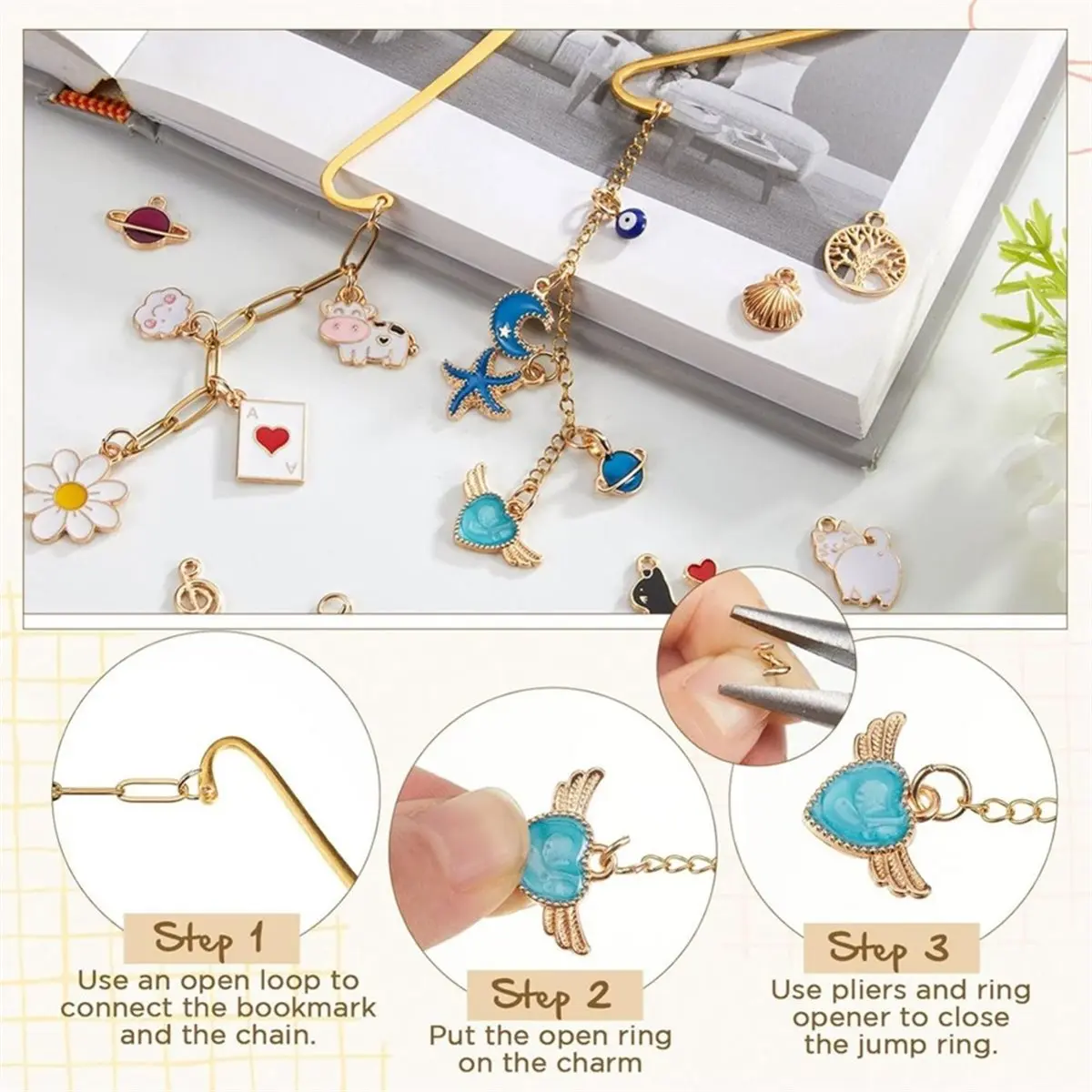 Multi-use Gear 250 Pcs Metal Bookmarks Making Kit, DIY Metal Bar Bookmark Set with Charms, Chains, Jump Rings and Tools for DIY