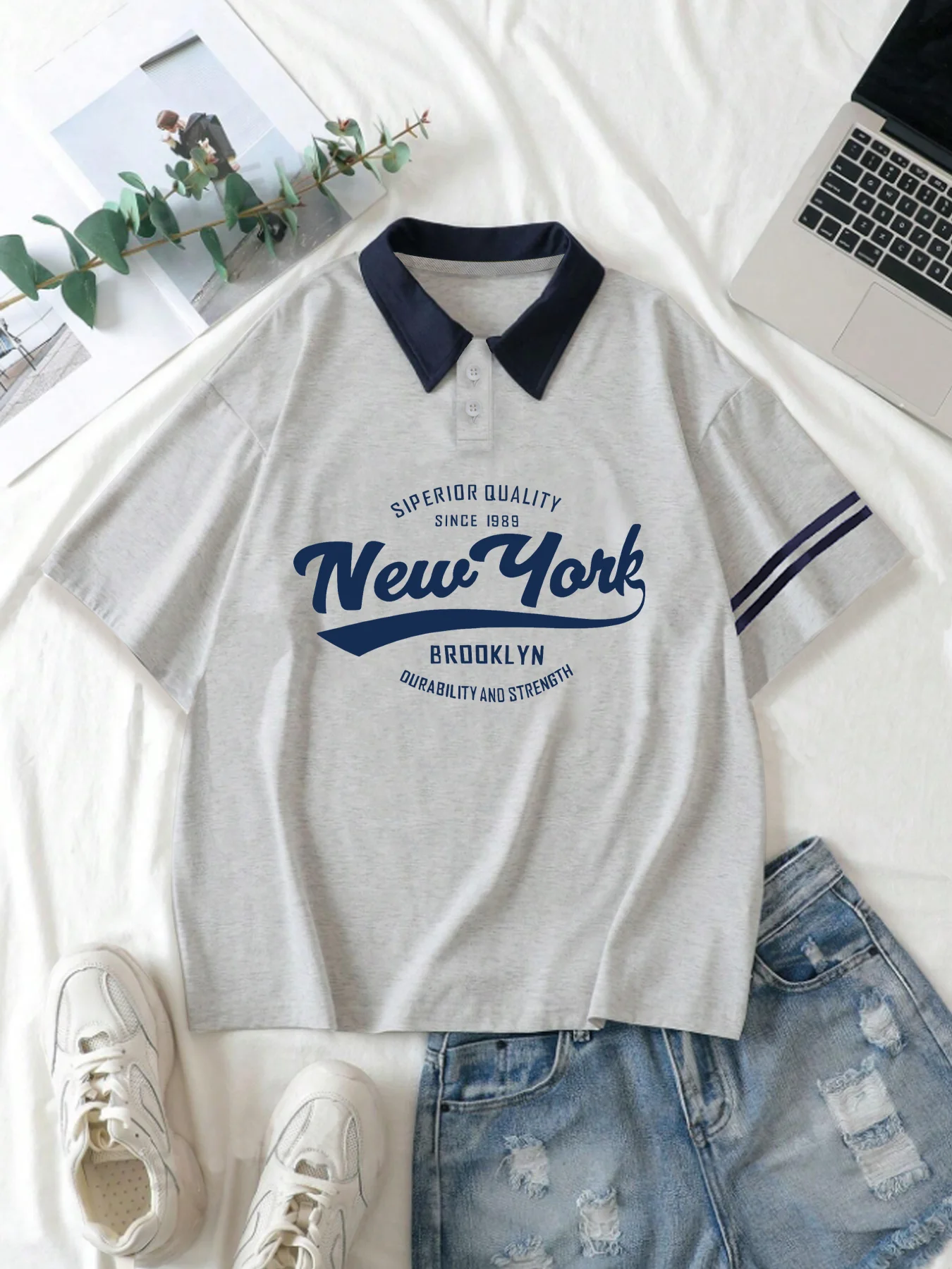 Polo da Golf Casual con grafica a lettera di New York, manica corta Versatile alla moda con strisce di colletto e manica, Streetwear