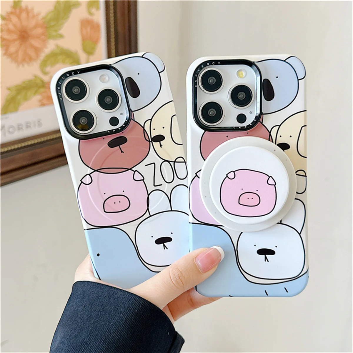 

Kawaii Cartoon Line Pig Magnetic Phone Case For iPhone 16 Pro 15 14 13 12 Pro Max Cover with Stand Cute Hard Cases Funda