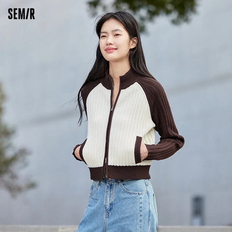 

Semir 2024 Knitted Cardigan Women Short Stand-Up Collar Raglan Sleeves 2024 New Spring Temperament Contrasting Loose Sweater