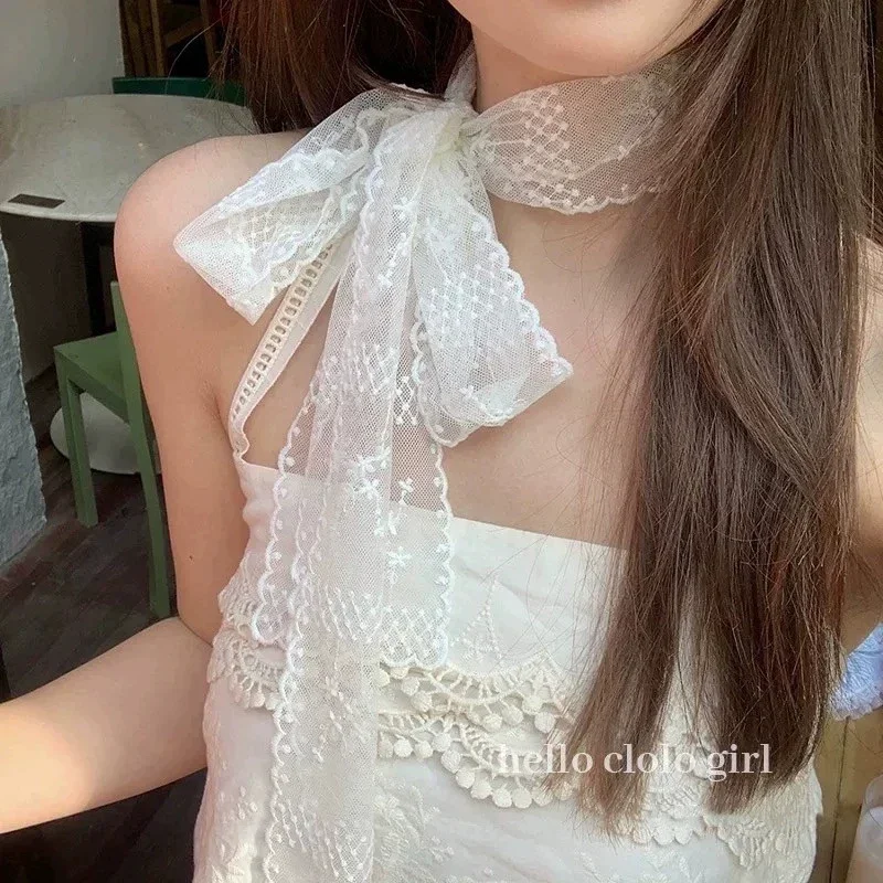 

Шелковый узкий длинный шарф Y2K для женщин, однотонный черный, лента для сумки, повязка на голову, чокер, кружевной шарф с цветочным узором