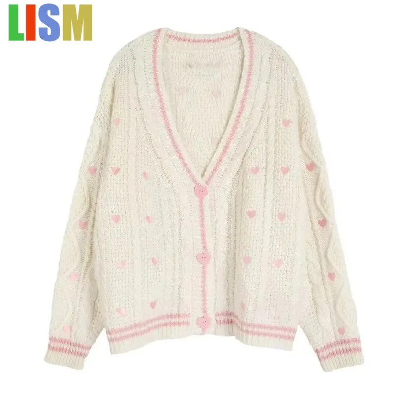 

LISM women's winter clothes y2k hoodies sweatshirt 2025 Lover Cardigan Valentine Gift Pink Knitted Casual Embroidered sweater