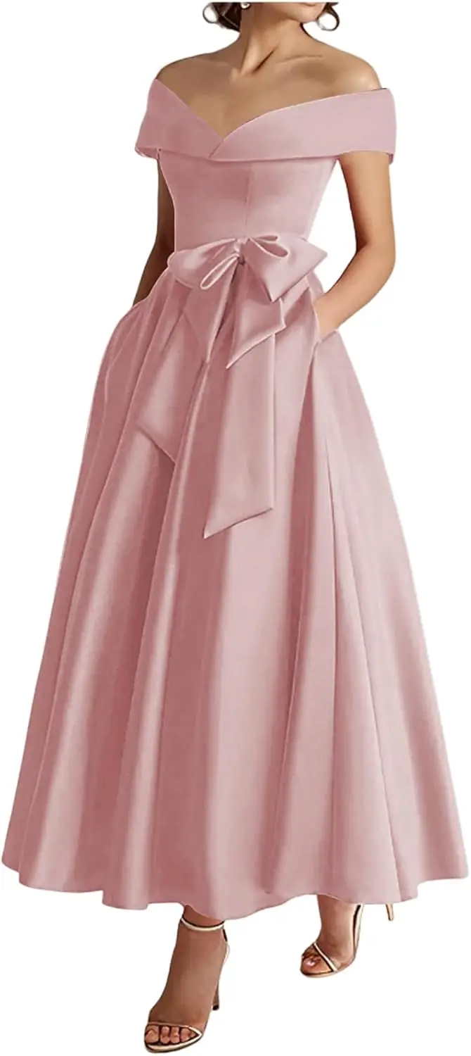 Vestidos femininos de cetim para mãe da noiva, ombro de fora, para casamento, com laço, comprimento de chá, vestido de noite formal