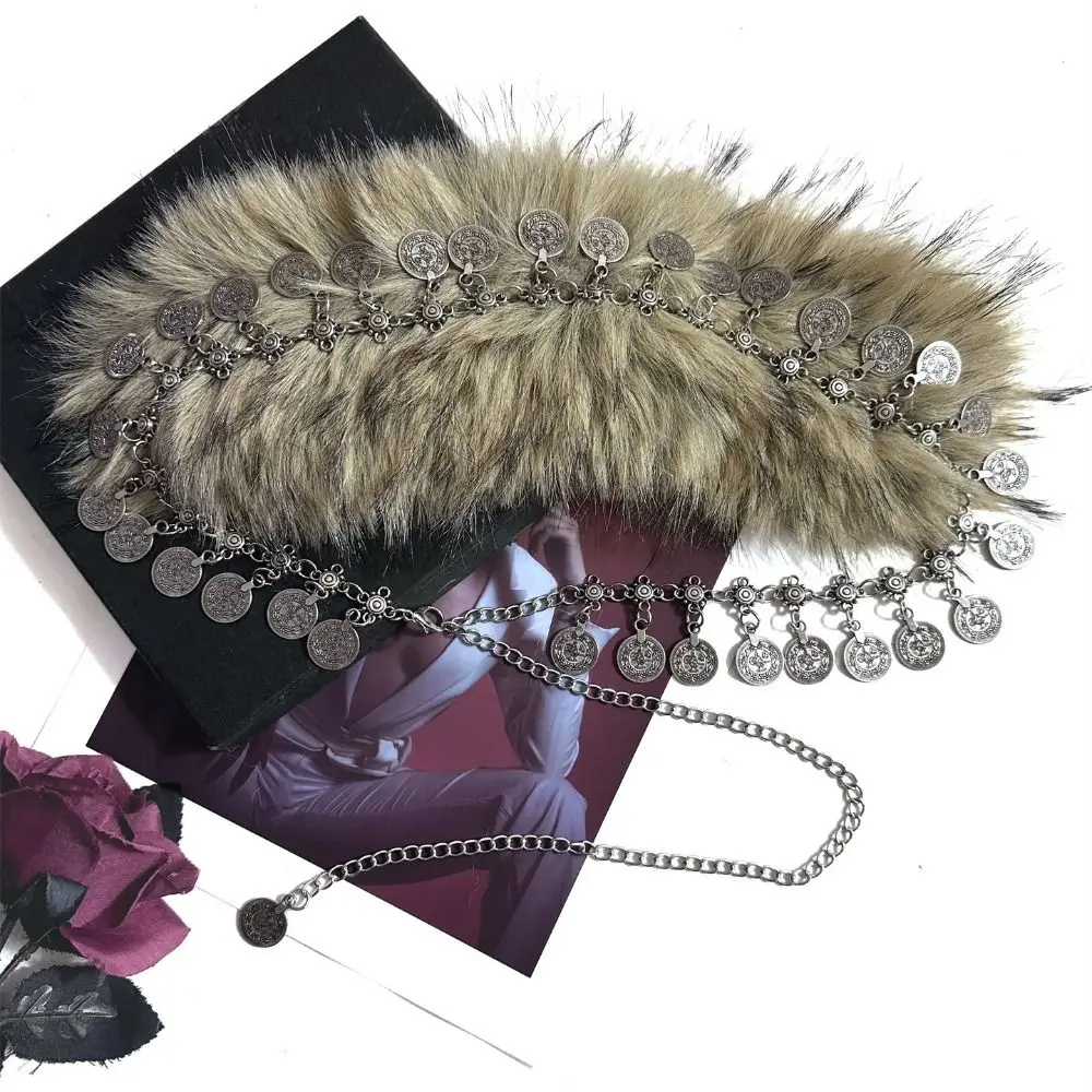 

Vintage Trendy Design Faux Fur Belts Spicy Girl Punk Round Coin Waist Belts Y2K Metal Chain Furry Splicing Belt Women Fashion