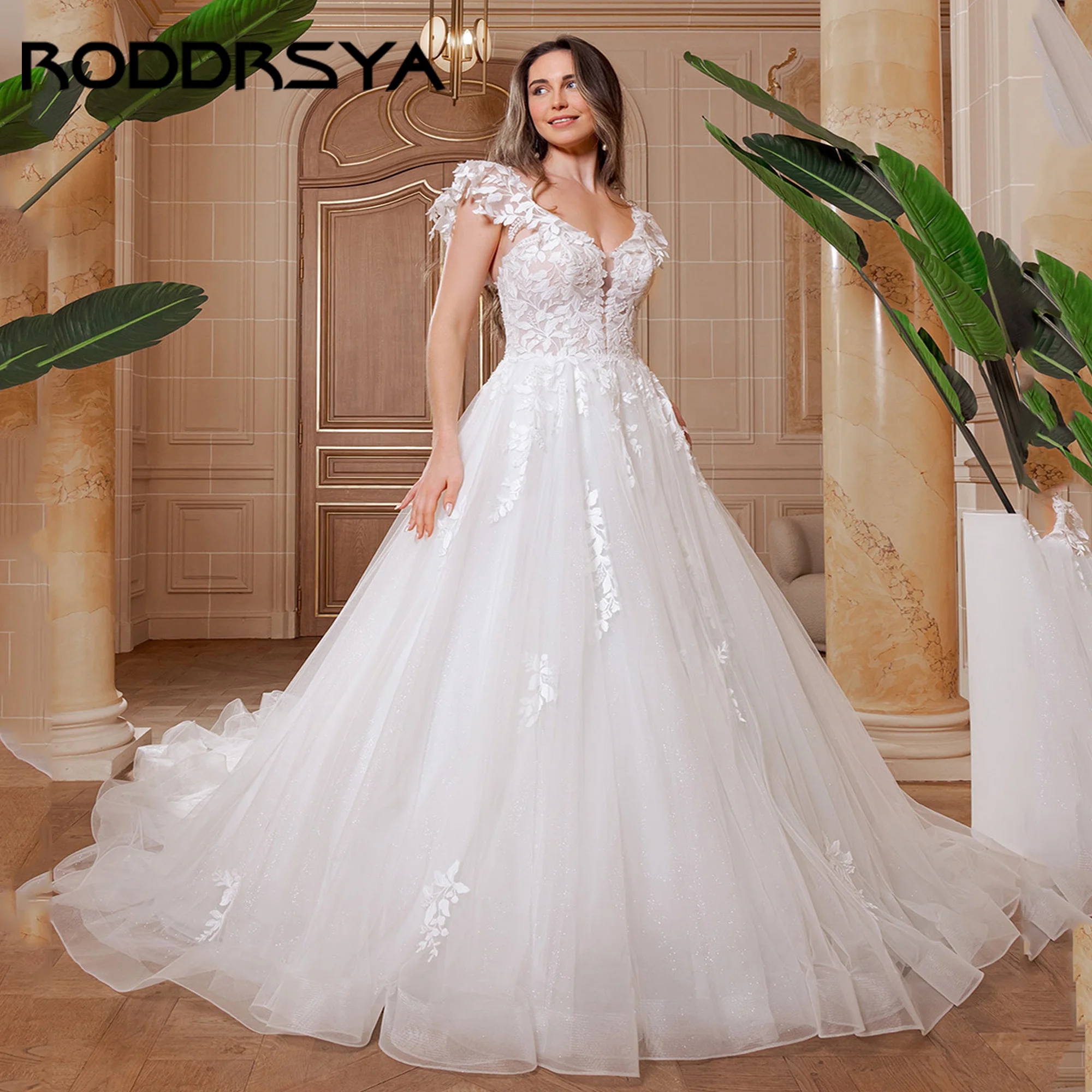 

RODDRSYA Lace Appliques Sexy V-Neck Heavy Shoulder Sleeves Wedding Dresses Sleeveless Backless Zipper Wedding Gowns Customized