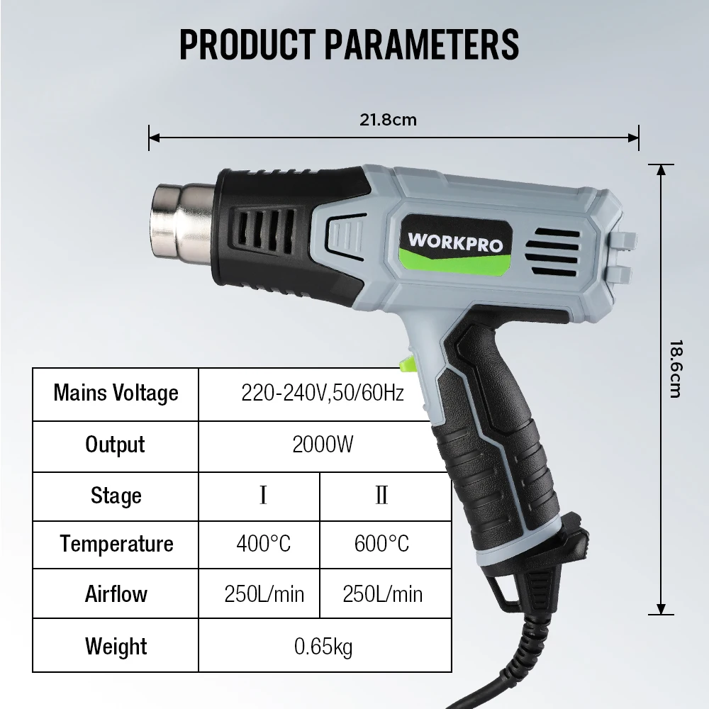 Imagem -06 - Workpro-pistola de ar Quente Elétrica Industrial Termorregulador Pistolas Térmicas 2000w Ficha Vde Envoltível Bocal de Aquecedor Térmico