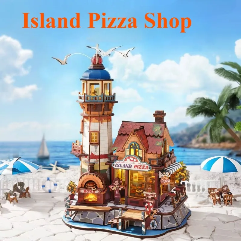Original Robotime Island Pizza Shop Cuckoo Clock Bear Toy Store DIY Assembly Model Desktop Decor Ornament Collectible Gift