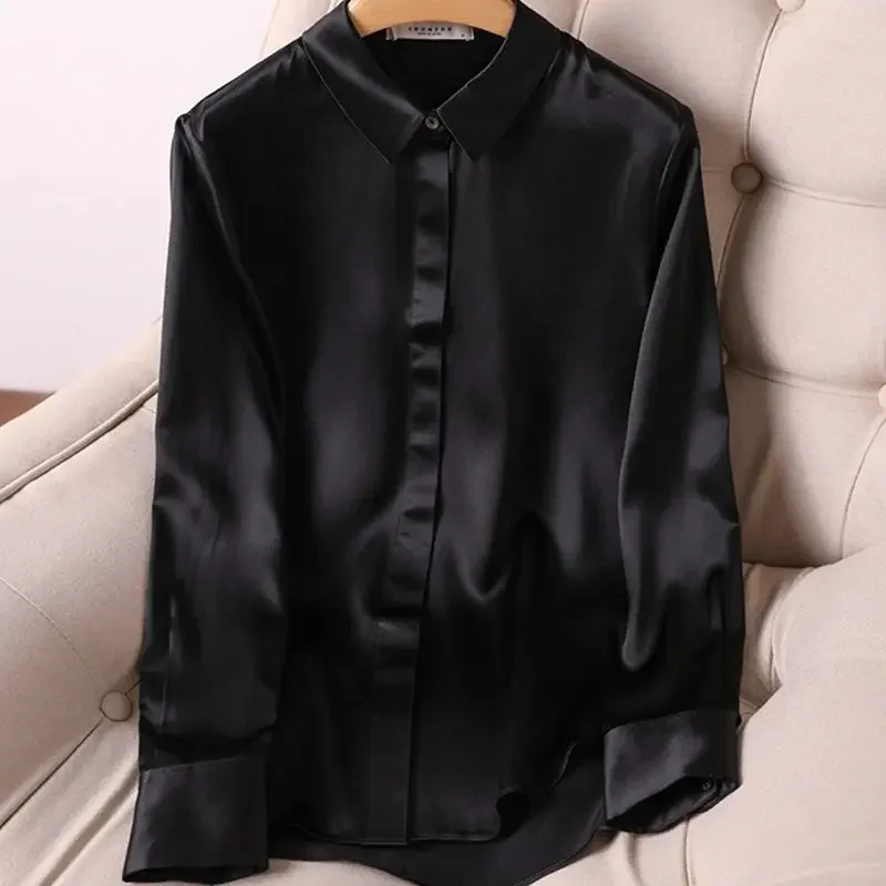 

Изысканная женская рубашка из тутового шелка, осенняя новинка, однотонная, с длинным рукавом, профессиональный топ для многослойного ношения
