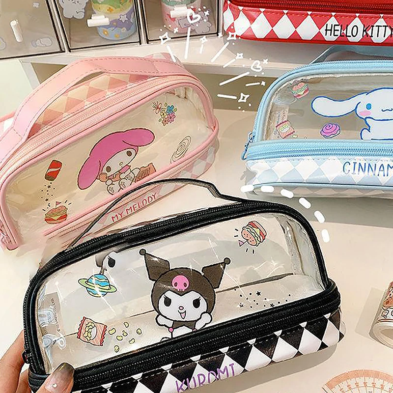 Sanrio Hello Kitty My Melody Cinnamoroll Kuromi Stationery Pencil Case Double Space Transparent Girls' Cosmetic Storage Bag