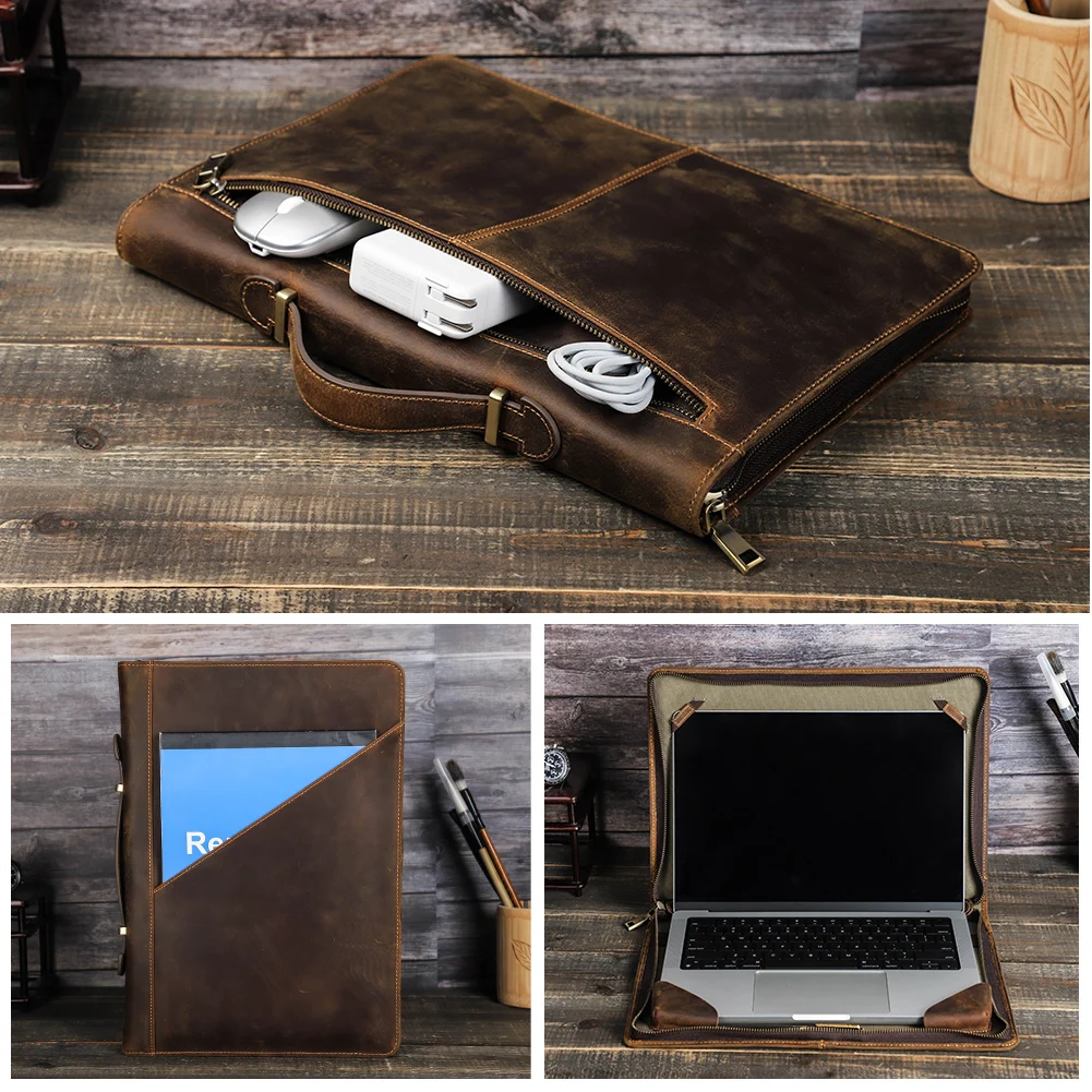 Retro Crazy Horse Leather Laptop Sleeve Bag Men For Macbook Pro Air 13 Macbook Pro 14 Pro 16 inch Case Handbags Briefcase