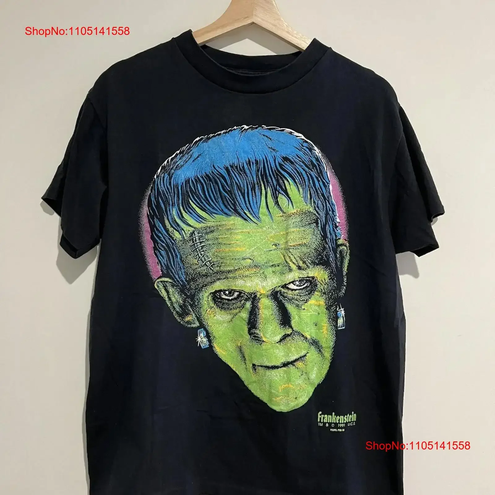 Rare Vintage FUN WEAR Frankenstein 1991 Universal Monsters T Shirt 90s Black L vintage Washed Casual fashion graphic Unisex