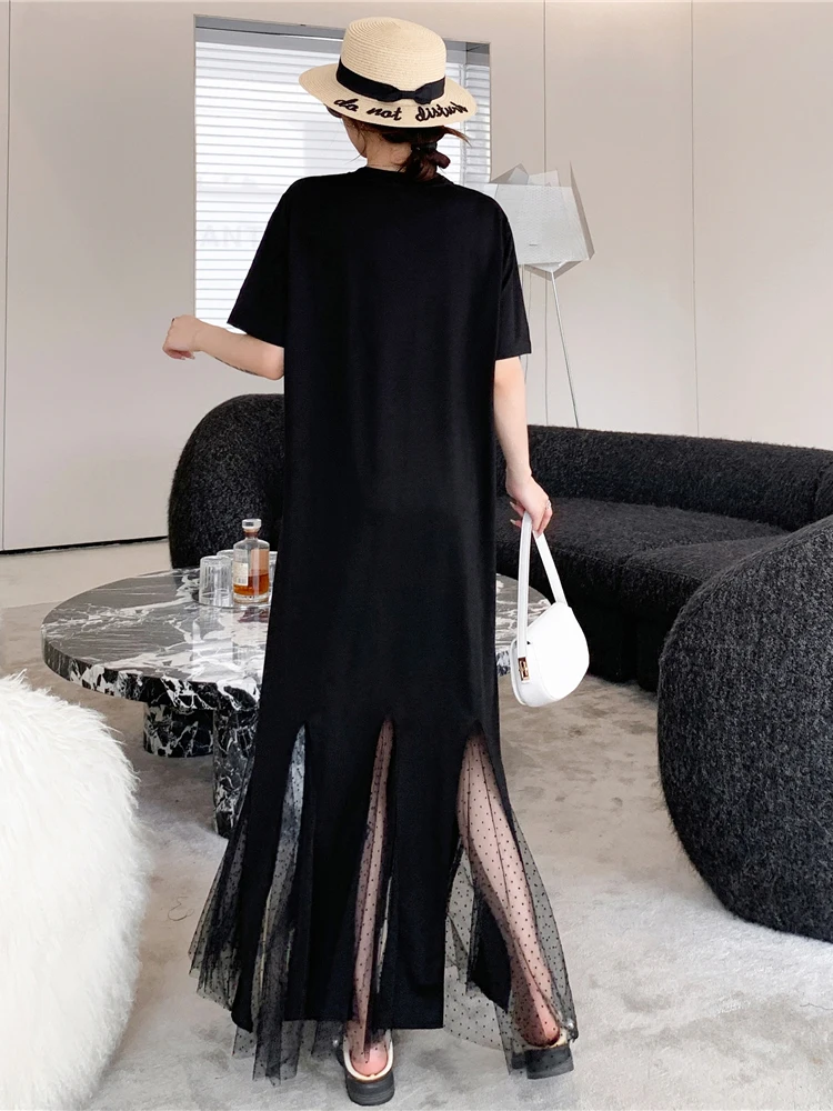 NYFS 2026 Koreanischen Stil frauen Sommer Lose plus Größe Kleid Kurzarm Patchwork Mesh Fischschwanz Lange Robe elbise