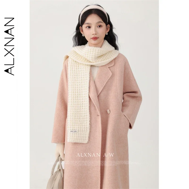 

ALXNAN Pink Wool Coat for Women 2025 Autumn Winter Warm Long Outerwears Office Lady Elegant Loose-fit Outwear Female LXN32276