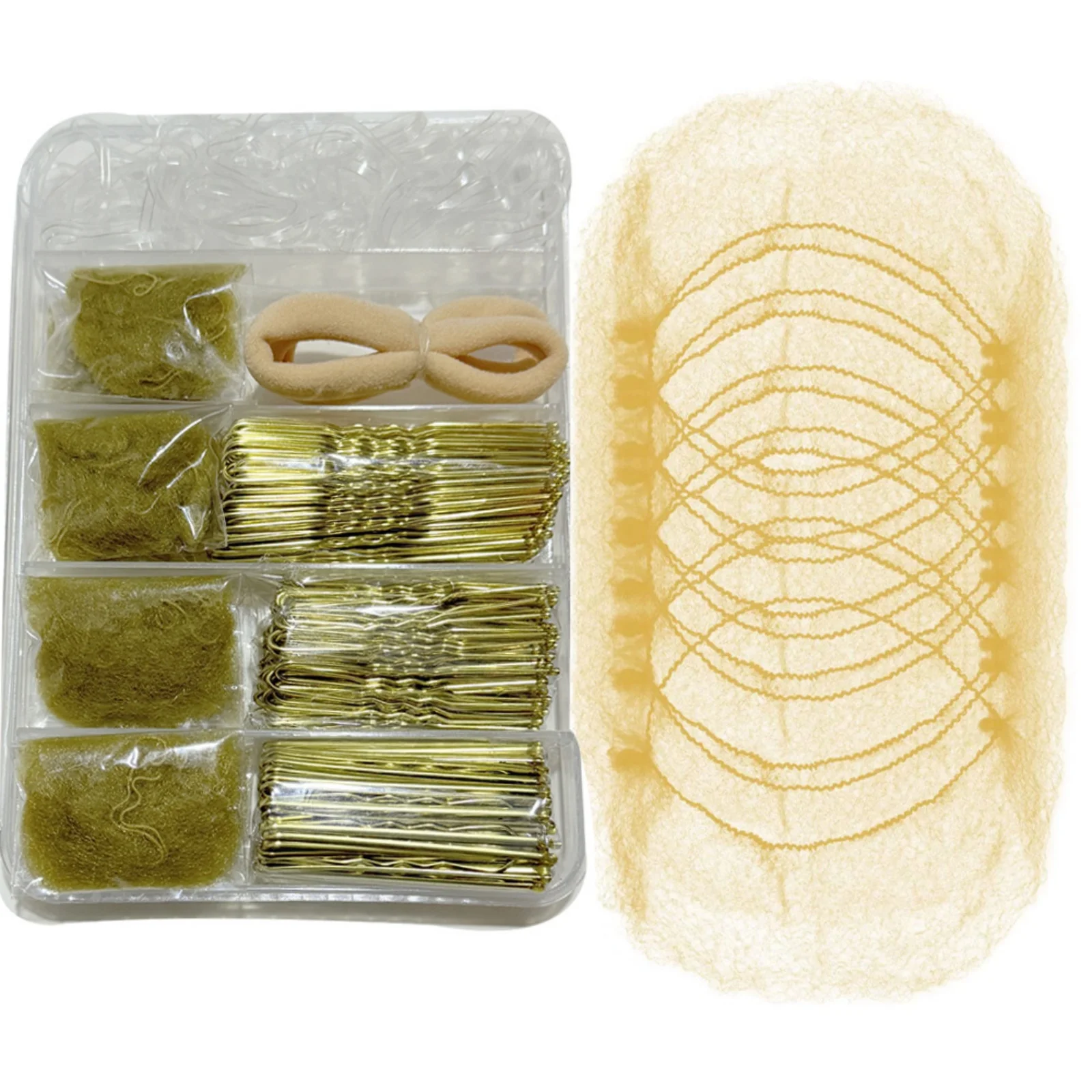 Gummiband-Haargummis, unsichtbares Haarnetz-Set, U-förmige Clips, gerade Clips, verpackte Gummibänder, Haarringe – Detail 2
