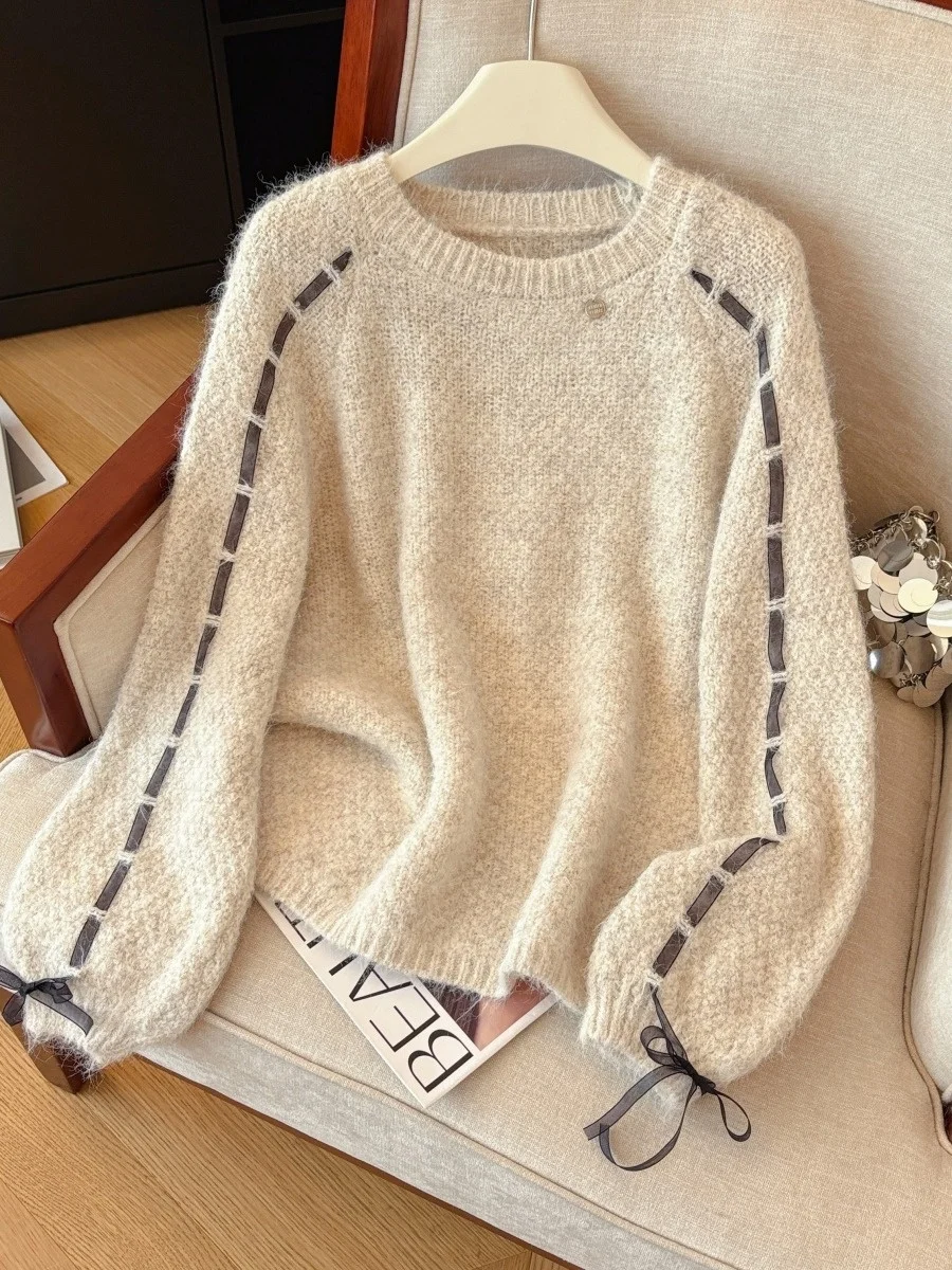 Pull tricoté chaud avec noeud Design vêtements d'extérieur coupe ample pour les femmes automne hiver 2025 nouveau Sle trajet Sle Poly...