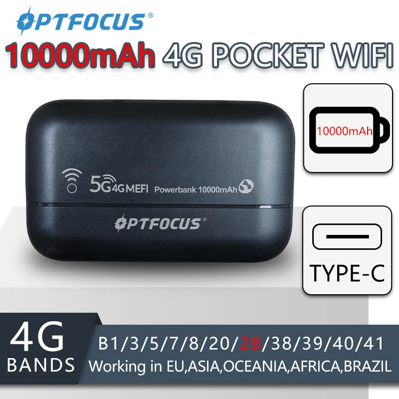 OPTFOCUS 4G LTE 10000mAh Battery MIFI Pocket Wifi Hotspot Type C 4G Portable Wifi Modem Router with SIM Card Slot