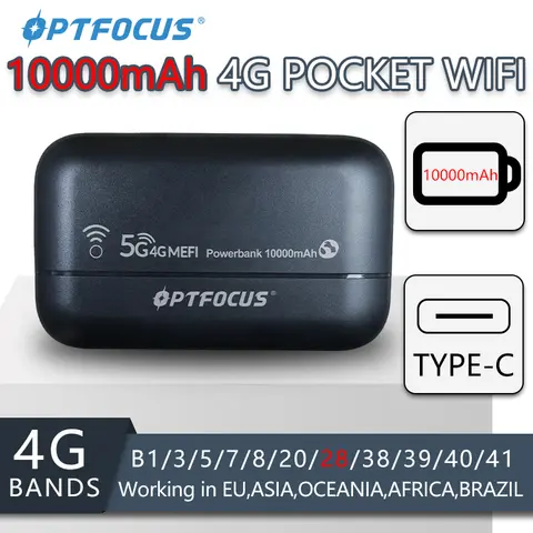 OPTFOCUS 4G LTE 10000mAh 배터리 MIFI 포켓 Wifi 핫스팟 유형 C SIM 카드 슬롯이있는 4G 휴대용 Wifi 모뎀 라우터